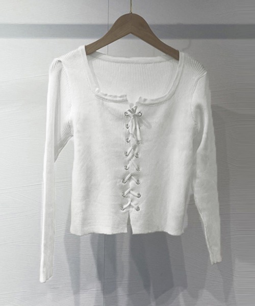 Miniministore(ミニミニストア)の「ニットトップス フロントレースアップ秋服(ニット/セーター・レディース・ベージュ/グレー/ブラック/ホワイト・FREE)」の19枚目の写真