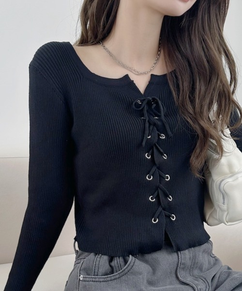 セール】ニットトップス フロントレースアップ秋服（ニット