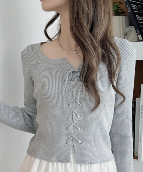 セール】ニットトップス フロントレースアップ秋服（ニット
