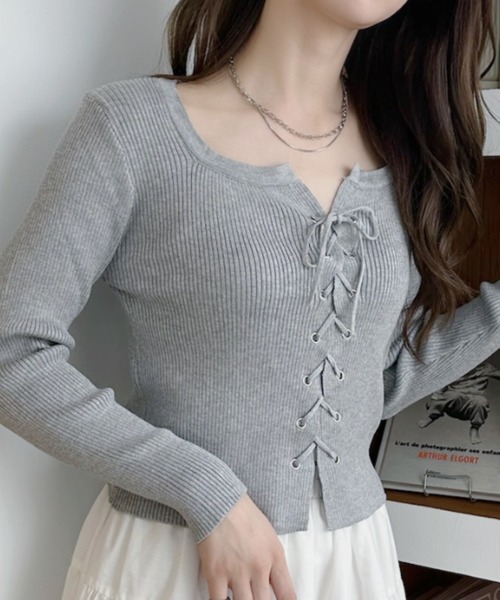 セール】ニットトップス フロントレースアップ秋服（ニット