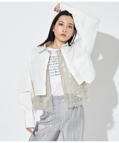 Settimissimo（セッティミッシモ）の「アシンメトリーポケット ブロード ショートシャツ クロップド丈（シャツ/ブラウス・レディース・オフホワイト/ブルー・FREE）」の4枚目の写真