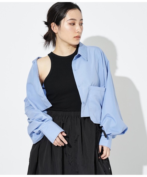 Settimissimo（セッティミッシモ）の「アシンメトリーポケット ブロード ショートシャツ クロップド丈（シャツ/ブラウス・レディース・オフホワイト/ブルー・FREE）」の8枚目の写真