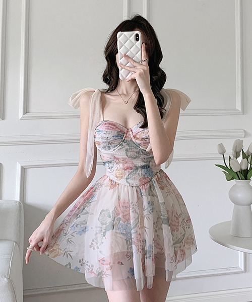 XG Chisa着用マンガ風リボン付きバックレスワンピース ピンク シフォンリボンキャミワンピース | レディース服・レディース