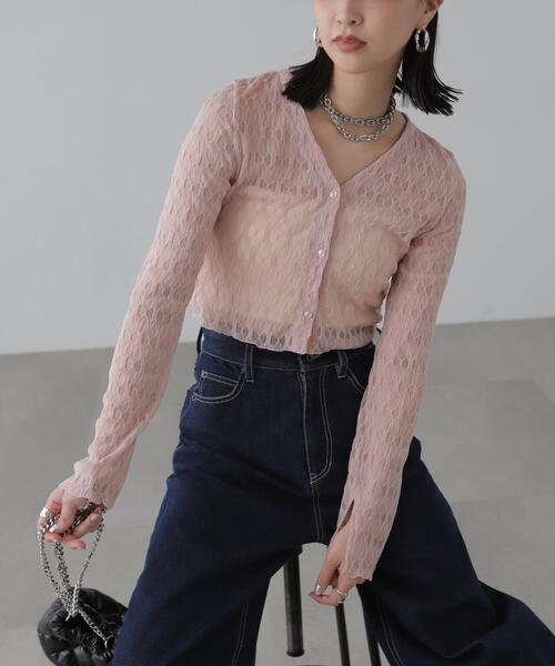 FREE'S MART（フリーズマート）の「◆シアーチュールカーディガン（カーディガン/ボレロ・レディース・ブラック/ホワイト/ピンク・FREE）」の9枚目の写真