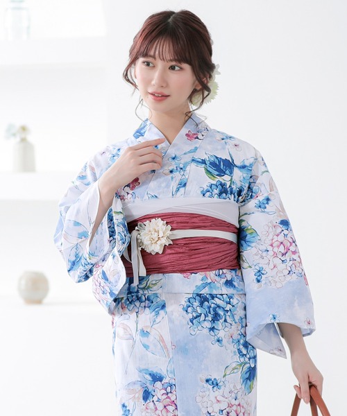 レディース 浴衣3点セット（浴衣＋しわ兵児帯+下駄）夏の思い出 F
