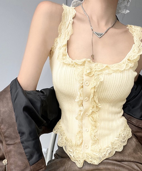 セール】フリルレースリブ編みタンクトップ（タンクトップ）｜PRIVATE