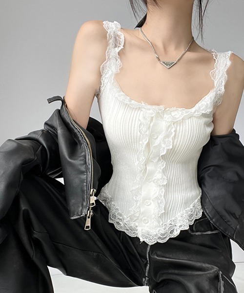 セール】フリルレースリブ編みタンクトップ（タンクトップ）｜PRIVATE