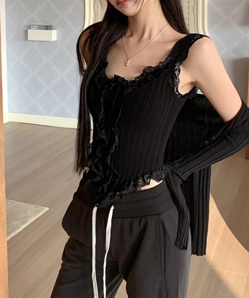 セール】フリルレースリブ編みタンクトップ（タンクトップ）｜PRIVATE