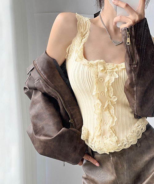 PRIVATE  BEACH（プライベートビーチ）の「フリルレースリブ編みタンクトップ（タンクトップ・レディース・ベージュ/ブラック/グレー/ホワイト・FREE）」の19枚目の写真