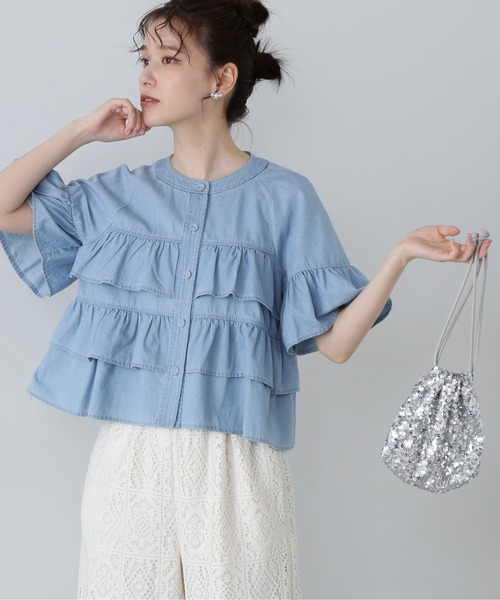 N.(N. Natural Beauty Basic)(エヌエヌナチュラルビューティーベーシック)の「◆◇フロントボタンラッフルブラウス(シャツ/ブラウス・レディース・オフホワイト/ブラック系その他/ライトブルー・MEDIUM)」の3枚目の写真