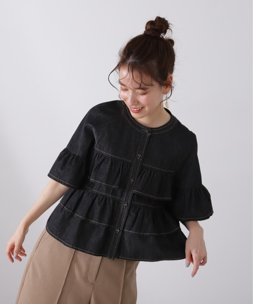 N.(N. Natural Beauty Basic)(エヌエヌナチュラルビューティーベーシック)の「◆◇フロントボタンラッフルブラウス(シャツ/ブラウス・レディース・オフホワイト/ブラック系その他/ライトブルー・MEDIUM)」の18枚目の写真