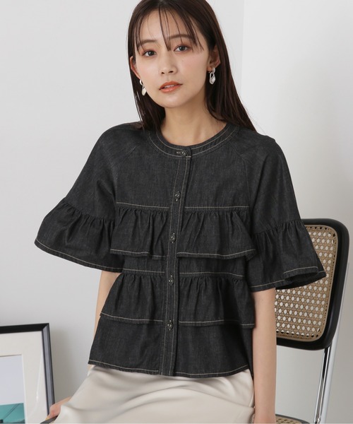 N.(N. Natural Beauty Basic)(エヌエヌナチュラルビューティーベーシック)の「◆◇フロントボタンラッフルブラウス(シャツ/ブラウス・レディース・オフホワイト/ブラック系その他/ライトブルー・MEDIUM)」の20枚目の写真