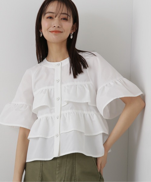 N.(N. Natural Beauty Basic)(エヌエヌナチュラルビューティーベーシック)の「◆◇フロントボタンラッフルブラウス(シャツ/ブラウス・レディース・オフホワイト/ブラック系その他/ライトブルー・MEDIUM)」の4枚目の写真