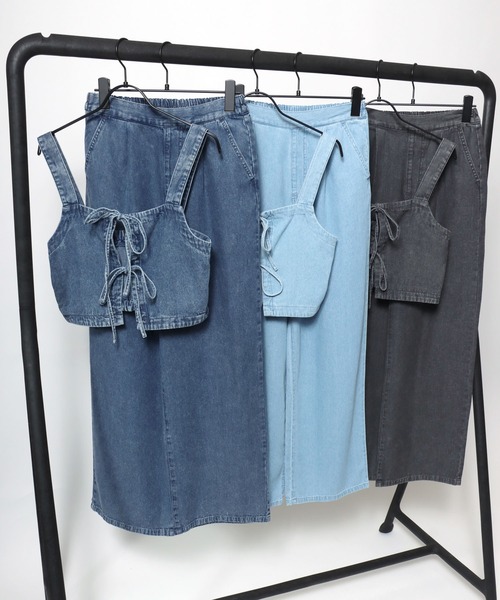 Salong hameu(サロン ハミュー)の「フロントリボンのデニムビスチェ&ワイドパンツ セットアップ レディース/上下2点セット(アンサンブル・レディース・サックスブルー/ケミカルウォッシュ/ブラック系その他・L/M)」の4枚目の写真