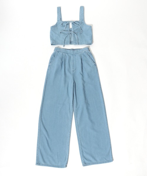 フロントリボンのデニムビスチェ＆ワイドパンツ セットアップ