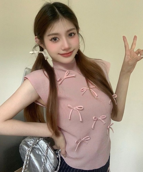 shopnikoniko(ショップニコニコ)の「リボン付き サイドシャーリング トップス(Tシャツ/カットソー・レディース・ブラック/アイボリー/ピンク・フリー)」の9枚目の写真