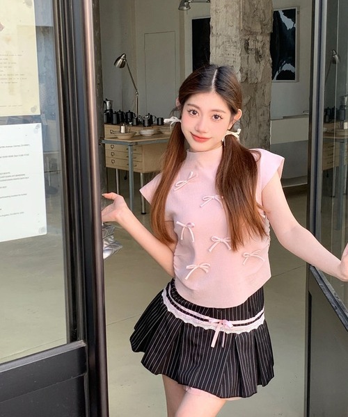 shopnikoniko(ショップニコニコ)の「リボン付き サイドシャーリング トップス(Tシャツ/カットソー・レディース・ブラック/アイボリー/ピンク・フリー)」の10枚目の写真