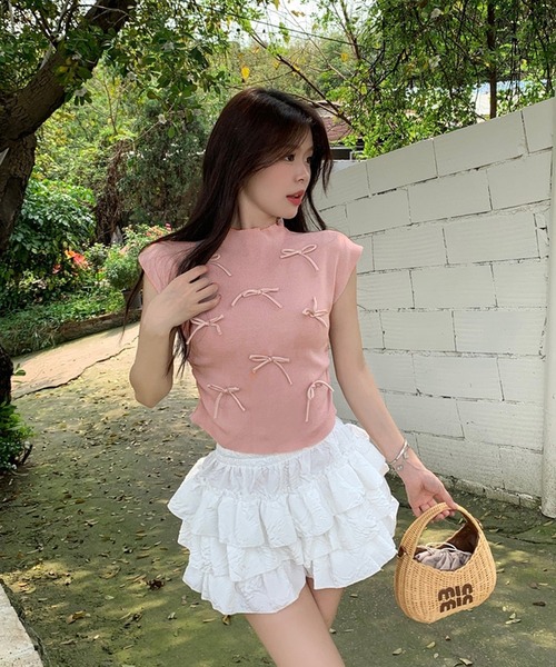 shopnikoniko(ショップニコニコ)の「リボン付き サイドシャーリング トップス(Tシャツ/カットソー・レディース・ブラック/アイボリー/ピンク・フリー)」の13枚目の写真