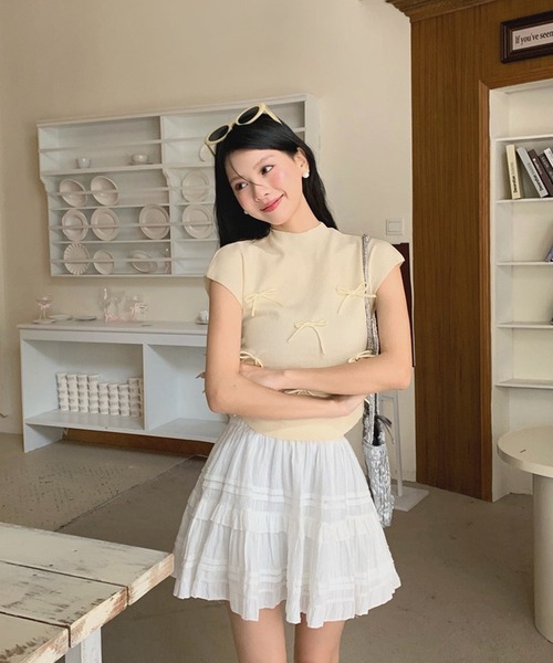 shopnikoniko(ショップニコニコ)の「リボン付き サイドシャーリング トップス(Tシャツ/カットソー・レディース・ブラック/アイボリー/ピンク・フリー)」の6枚目の写真