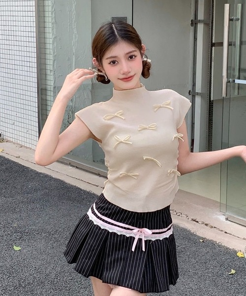 shopnikoniko(ショップニコニコ)の「リボン付き サイドシャーリング トップス(Tシャツ/カットソー・レディース・ブラック/アイボリー/ピンク・フリー)」の7枚目の写真