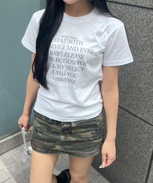リボンデザイン英字タイト半袖Tシャツ