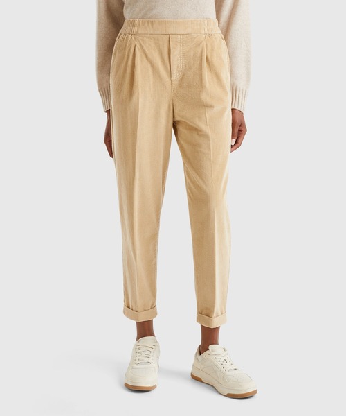 コーデュロイウエストバックゴムストレッチテーパードパンツ
