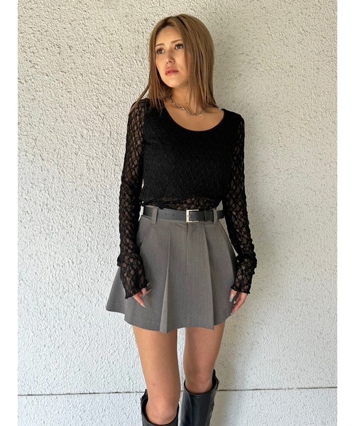 EGOIST（エゴイスト）の「フェイクレザーベルト付プリーツスカート（スカート・レディース・ブラック/マルチ/グレー・S/M）」の2枚目の写真