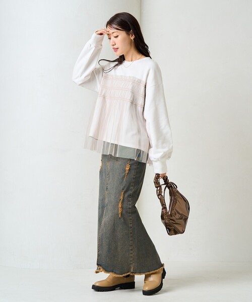 FREAK'S STORE(フリークスストア)の「限定展開 チュール ギャザー 重ね スウェット(スウェット・レディース・オフホワイト/ライトグレー/ブラック/チャコールグレー/ベージュ・フリ-)」の8枚目の写真