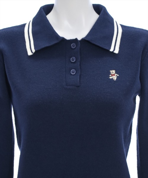 clear（クリア）の「ベア刺繍入り長袖ポロニット [カジュアル 着回し力抜群 スクールライク]≪再入荷≫（ニット/セーター・レディース・アイボリー/グレー/ネイビー・F）」の4枚目の写真