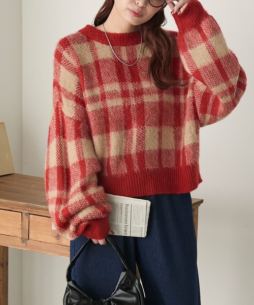 セール】シャギーチェックニットプルオーバー（ニット/セーター