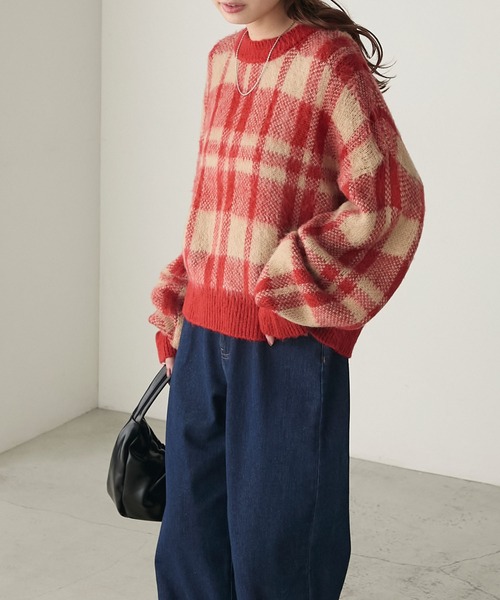 セール】シャギーチェックニットプルオーバー（ニット/セーター