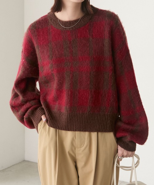 セール】シャギーチェックニットプルオーバー（ニット/セーター