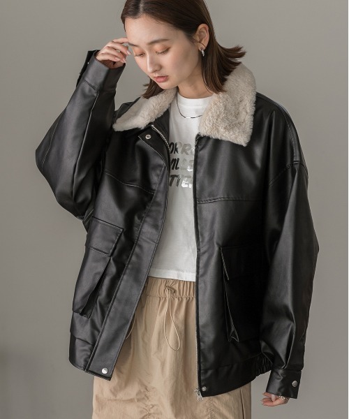 新品♡ダーマコレクション ダブルライダースジャケット ファー 女優襟風 セール】ヴィンテージライク 襟ファー付きブルゾン（ライダース