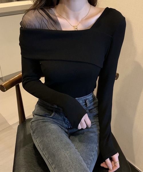 GLAMOROUS JANE(グラマラスジェーン)の「ワンショルシアー切替トップス(Tシャツ/カットソー・レディース・ブラック/アイボリー/ブラウン・FREE)」の7枚目の写真