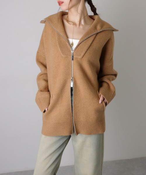 LAULEN(ローレン)の「double zip oversized knit jacket /ダブルジップ オーバーサイズ ニット ジャケット(その他アウター・レディース・ベージュ/ネイビー/グレー/アイボリー・FREE)」の1枚目の写真