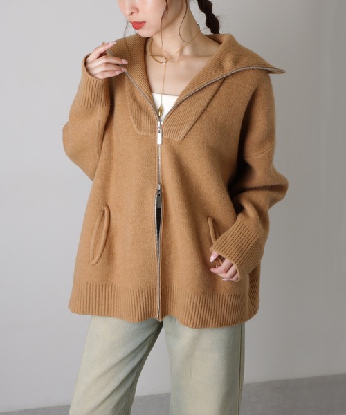 カーディガン double zip oversized knit hoodie top /ダブルジップ オーバーサイズ ニット パーカー レディース カーディガン double zip oversized knit hoodie top /ダブル