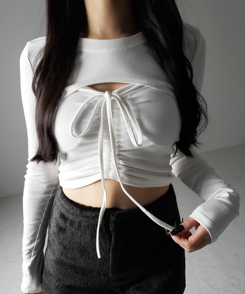 me+em select（ミームセレクト）の「【 ２点セット 】フロントリボンベアトップス ＆ ショートレイヤードトップス SET ／ front ribbon bare tops & short layered tops SET（その他トップス・レディース・ブラック/ホワイト/グレー・FREE）」の2枚目の写真