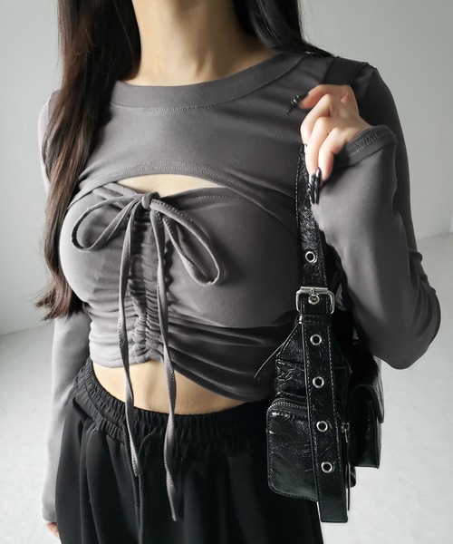 2点セット 】フロントリボンベアトップス ＆ ショートレイヤード