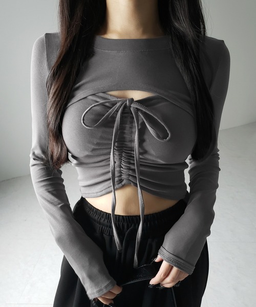 2点セット 】フロントリボンベアトップス ＆ ショートレイヤード