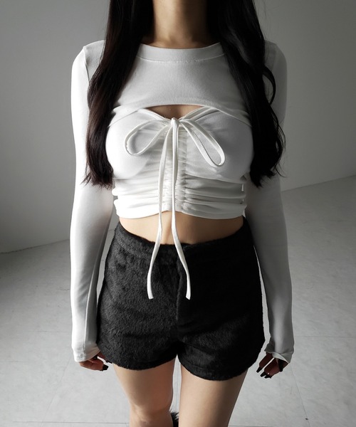 me+em select（ミームセレクト）の「【 ２点セット 】フロントリボンベアトップス ＆ ショートレイヤードトップス SET ／ front ribbon bare tops & short layered tops SET（その他トップス・レディース・ブラック/ホワイト/グレー・FREE）」の9枚目の写真