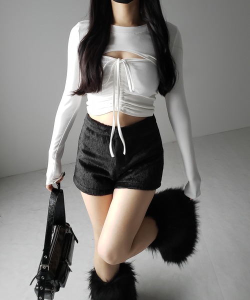 me+em select（ミームセレクト）の「【 ２点セット 】フロントリボンベアトップス ＆ ショートレイヤードトップス SET ／ front ribbon bare tops & short layered tops SET（その他トップス・レディース・ブラック/ホワイト/グレー・FREE）」の10枚目の写真