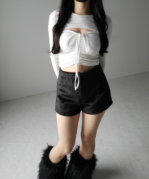 me+em select（ミームセレクト）の「【 ２点セット 】フロントリボンベアトップス ＆ ショートレイヤードトップス SET ／ front ribbon bare tops & short layered tops SET（その他トップス・レディース・ブラック/ホワイト/グレー・FREE）」の11枚目の写真