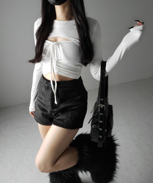 me+em select（ミームセレクト）の「【 ２点セット 】フロントリボンベアトップス ＆ ショートレイヤードトップス SET ／ front ribbon bare tops & short layered tops SET（その他トップス・レディース・ブラック/ホワイト/グレー・FREE）」の12枚目の写真