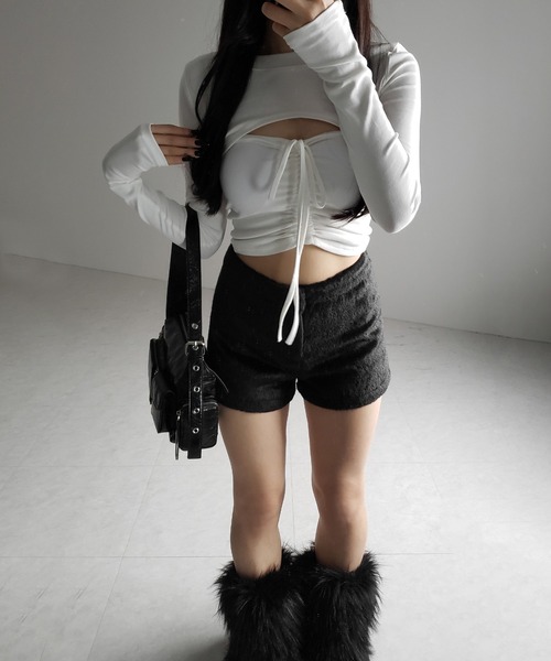 me+em select（ミームセレクト）の「【 ２点セット 】フロントリボンベアトップス ＆ ショートレイヤードトップス SET ／ front ribbon bare tops & short layered tops SET（その他トップス・レディース・ブラック/ホワイト/グレー・FREE）」の14枚目の写真