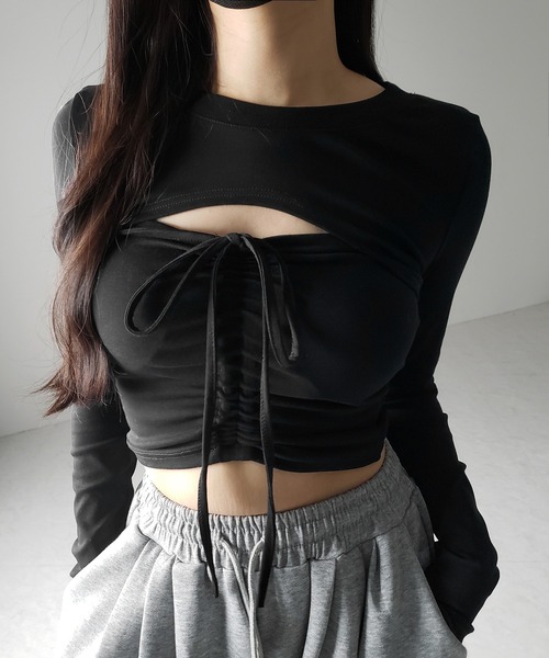 me+em select（ミームセレクト）の「【 ２点セット 】フロントリボンベアトップス ＆ ショートレイヤードトップス SET ／ front ribbon bare tops & short layered tops SET（その他トップス・レディース・ブラック/ホワイト/グレー・FREE）」の22枚目の写真