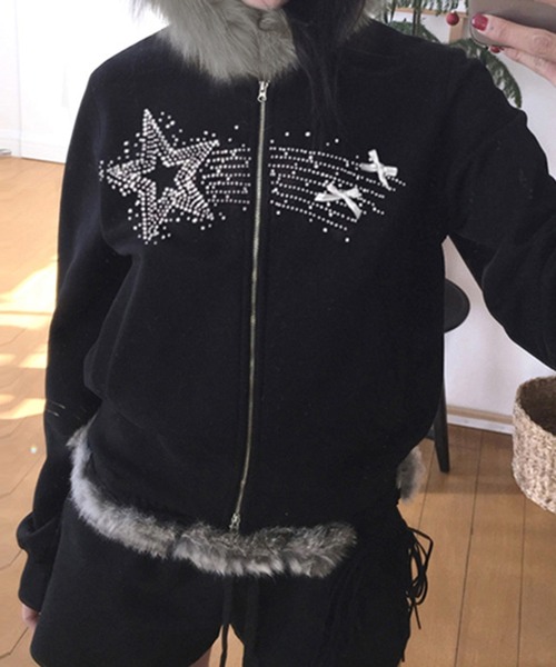 【セール】Y2K エコファー フード スターラインストーン スウェット ジップ パーカー(パーカー)|gossip!ロサンゼルス(ゴシップロサンゼルス) 【セール】Y2K エコファー フード スターラインストーン スウェット ジップ パーカー(パーカー)|gossip!ロサンゼルス(ゴシップロサンゼルス)