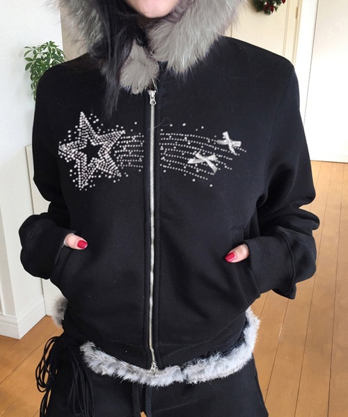【セール】Y2K エコファー フード スターラインストーン スウェット ジップ パーカー(パーカー)|gossip!ロサンゼルス(ゴシップロサンゼルス) 【セール】Y2K エコファー フード スターラインストーン スウェット ジップ パーカー(パーカー)|gossip!ロサンゼルス(ゴシップロサンゼルス)