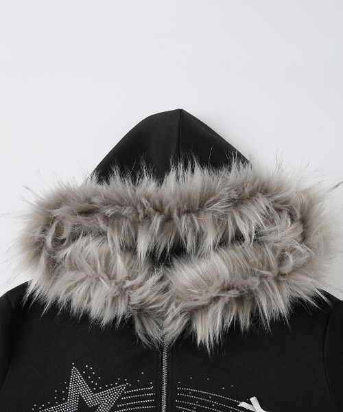 【セール】Y2K エコファー フード スターラインストーン スウェット ジップ パーカー(パーカー)|gossip!ロサンゼルス(ゴシップロサンゼルス) 【セール】Y2K エコファー フード スターラインストーン スウェット ジップ パーカー(パーカー)|gossip!ロサンゼルス(ゴシップロサンゼルス)