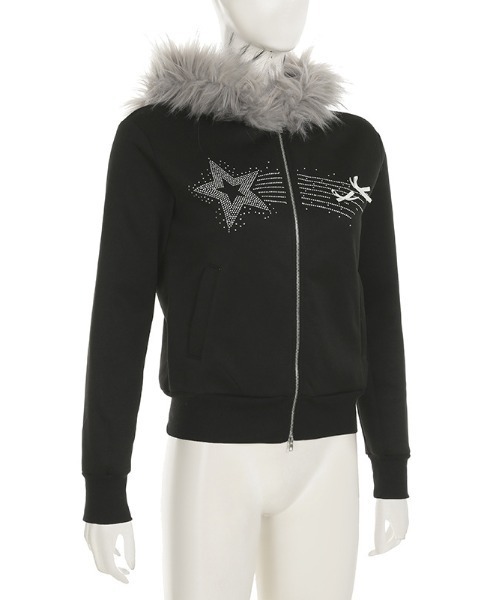 【セール】Y2K エコファー フード スターラインストーン スウェット ジップ パーカー(パーカー)|gossip!ロサンゼルス(ゴシップロサンゼルス) 【セール】Y2K エコファー フード スターラインストーン スウェット ジップ パーカー(パーカー)|gossip!ロサンゼルス(ゴシップロサンゼルス)
