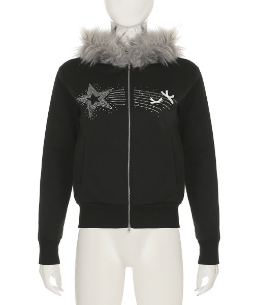 【セール】Y2K エコファー フード スターラインストーン スウェット ジップ パーカー(パーカー)|gossip!ロサンゼルス(ゴシップロサンゼルス) 【セール】Y2K エコファー フード スターラインストーン スウェット ジップ パーカー(パーカー)|gossip!ロサンゼルス(ゴシップロサンゼルス)